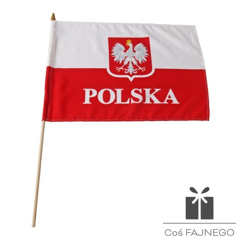 Flaga POLSKA 30x40 cm z uchwytem drewnianym z godlem